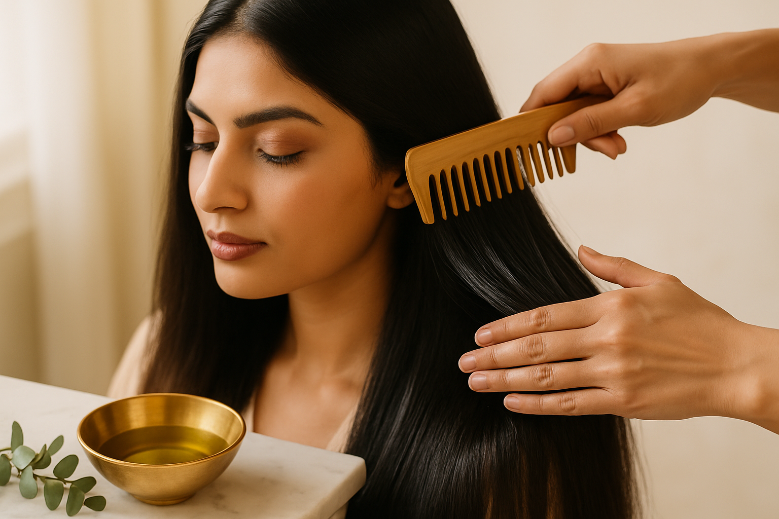 Stylist gently combing oil through a bride's long dark hair after her wedding week