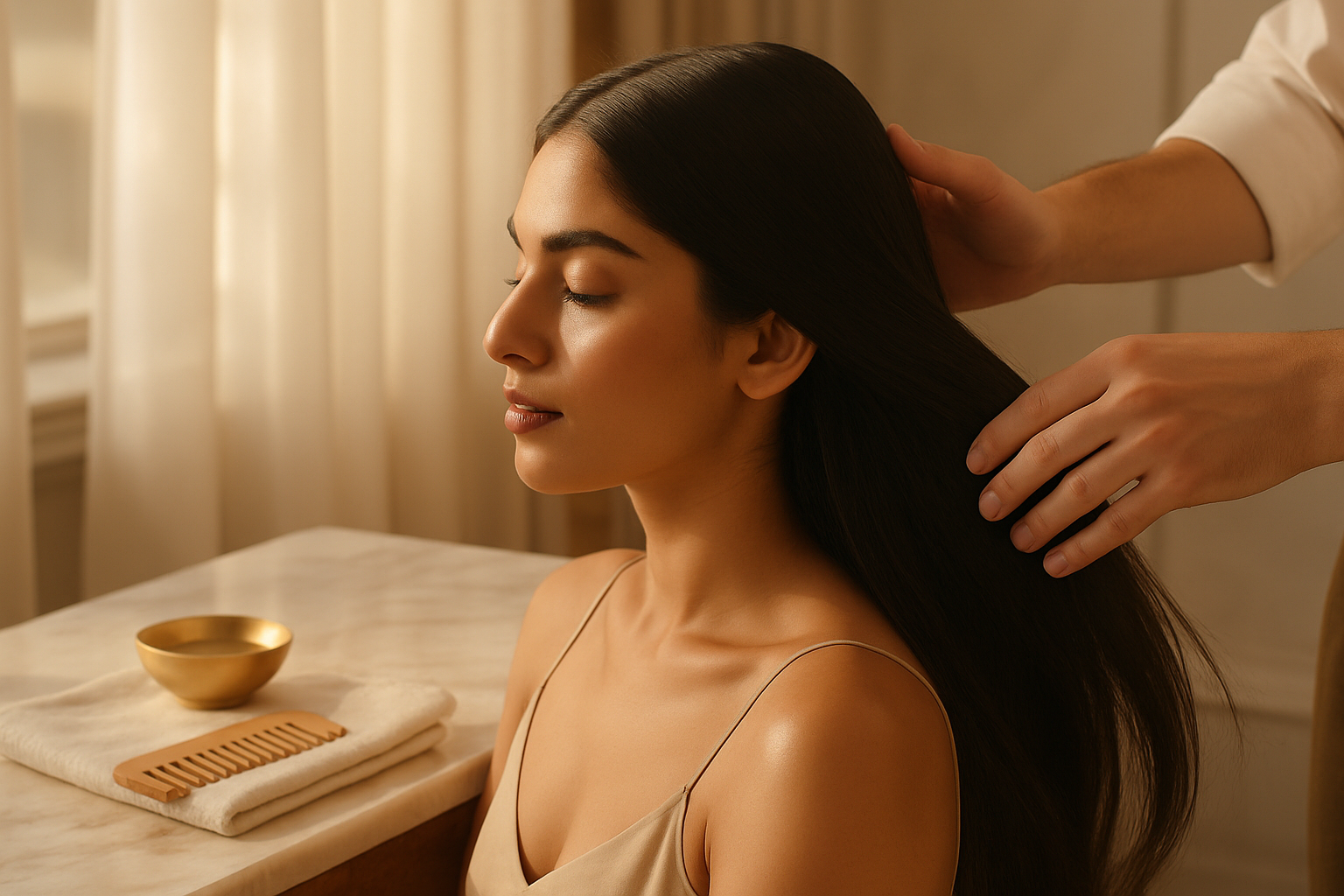 Stylist gently combing long dark hair in a warmly lit luxury salon