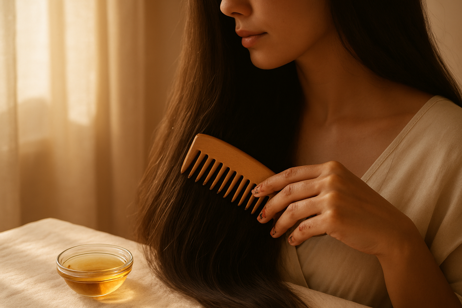 Close-up of long dark hair being combed gently with hair oil nearby in warm light