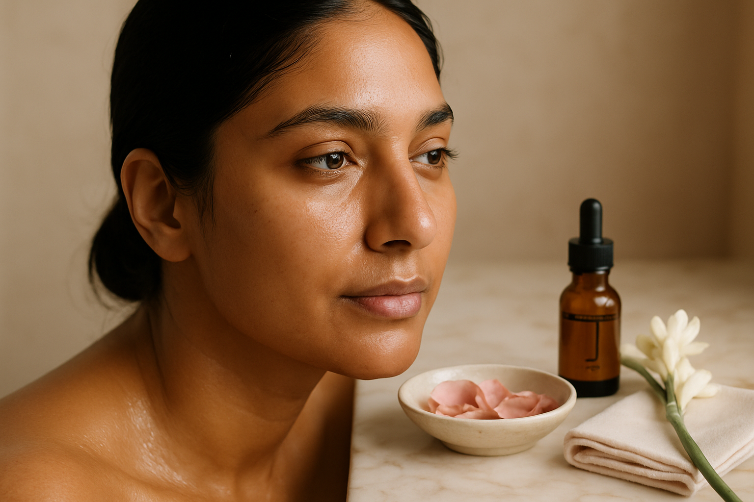 South Asian bride-to-be with bare glowing skin beside marble vanity and tuberose stem
