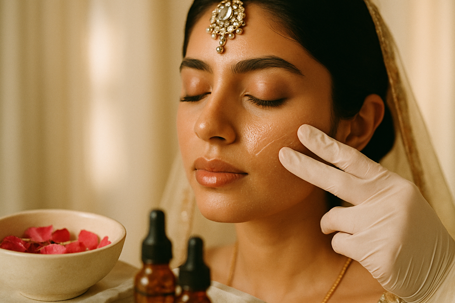 Esthetician applying serum on bride-to-be's glowing skin during a pre-wedding facial in Lahore