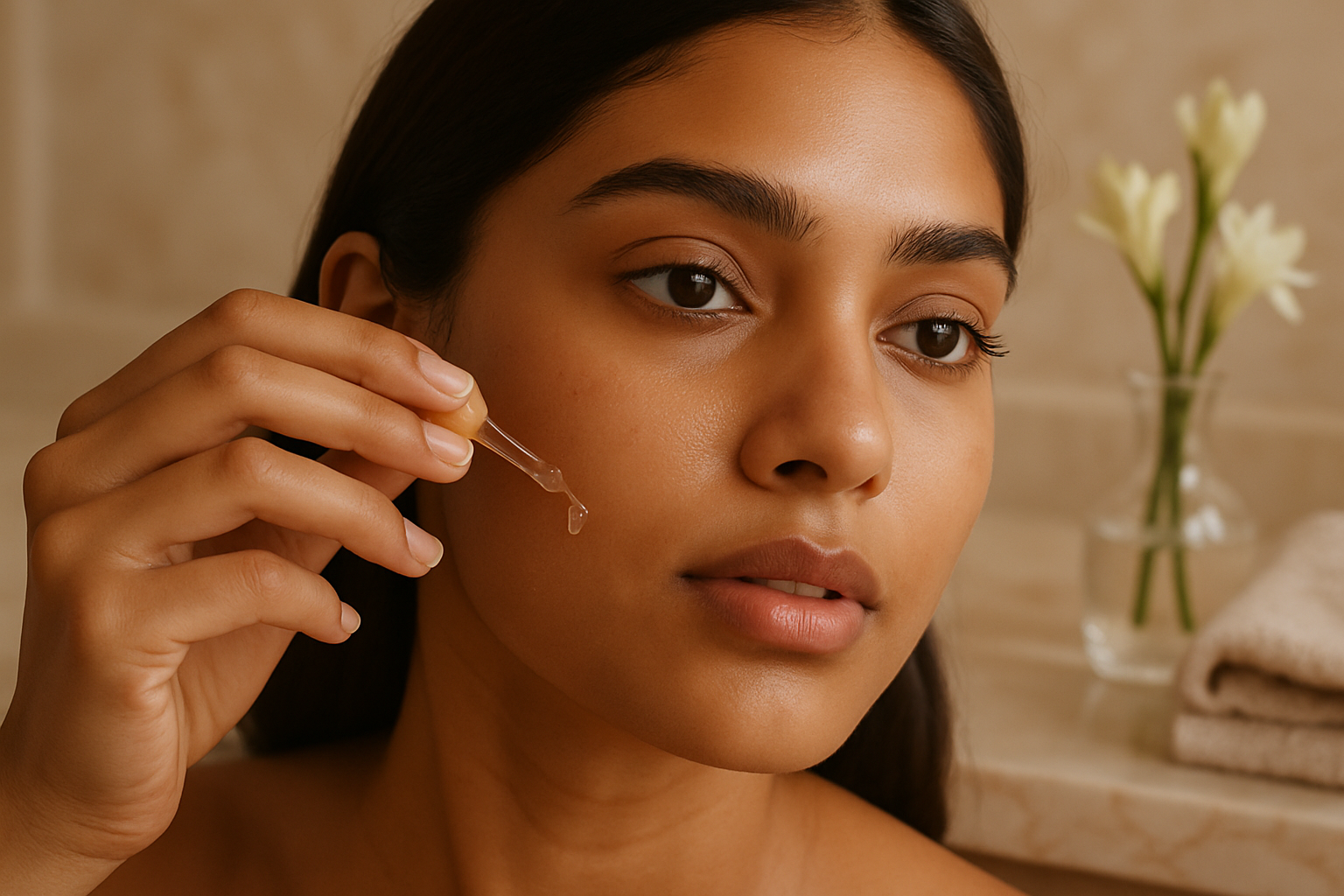 Bride-to-be with glowing bare skin having serum applied at a luxury Lahore salon vanity