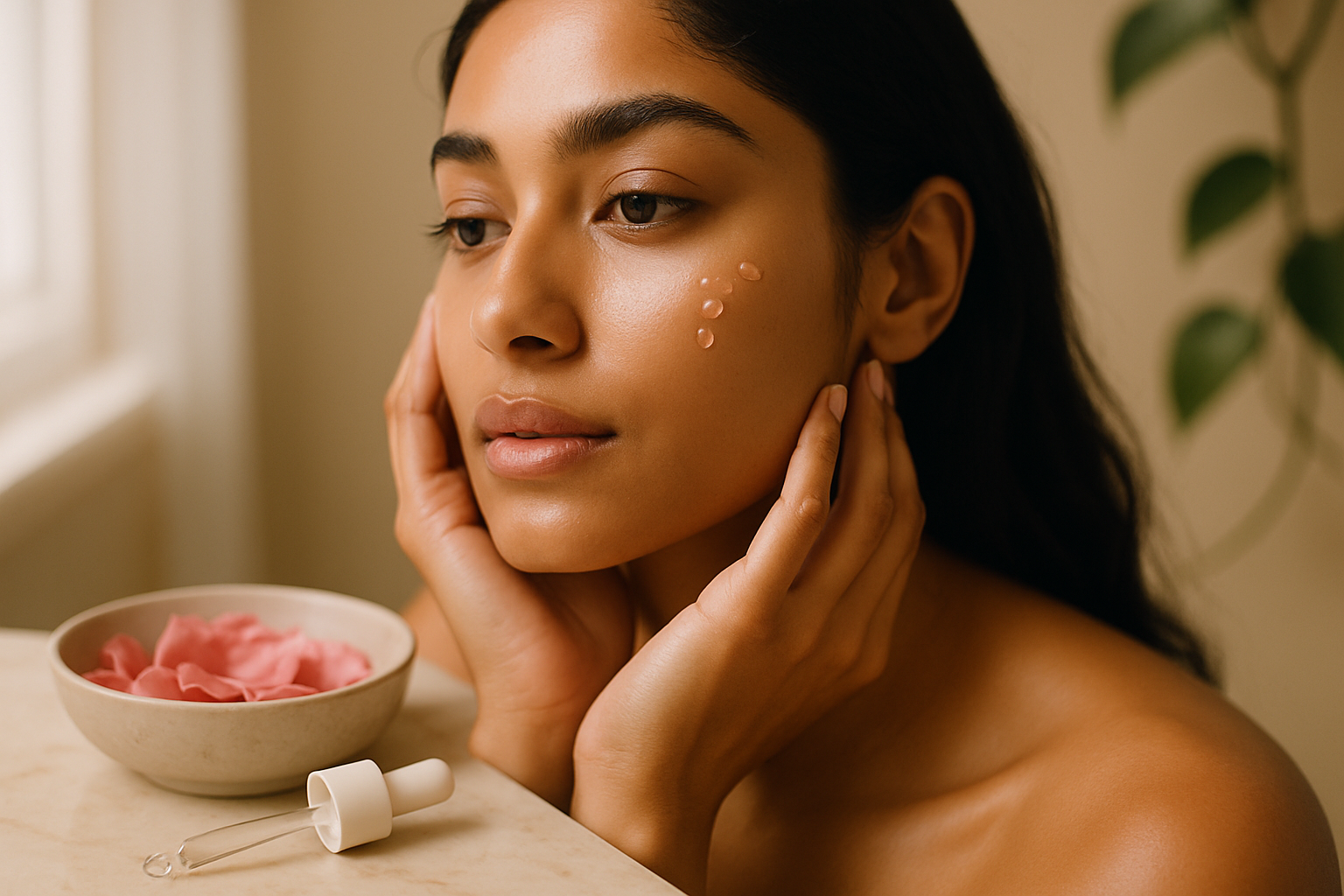 Bride-to-be with glowing bare skin and serum droplets beside marble vanity with rose petals