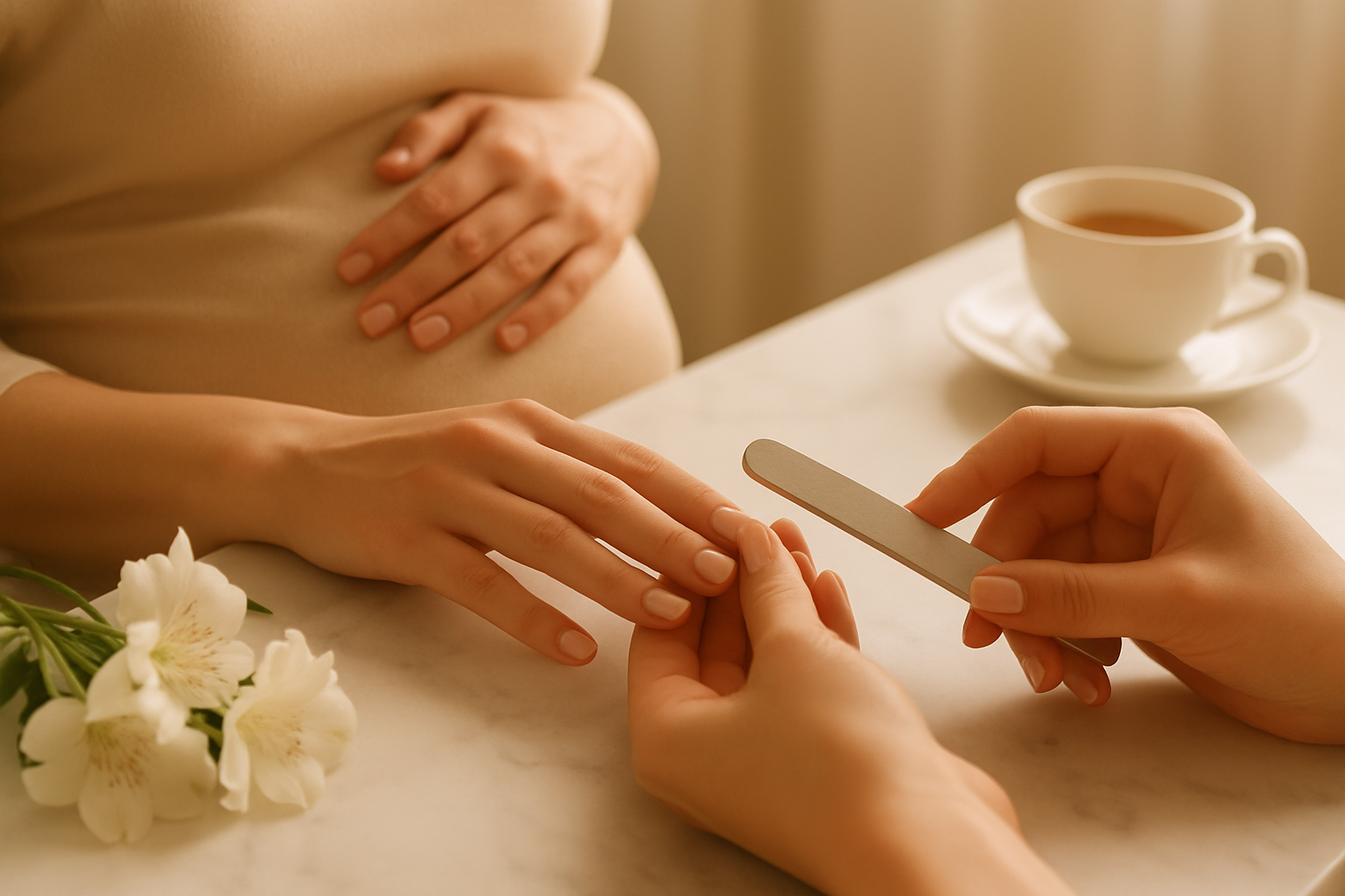 Pregnant woman receiving a gentle manicure on a marble salon table with soft natural light
