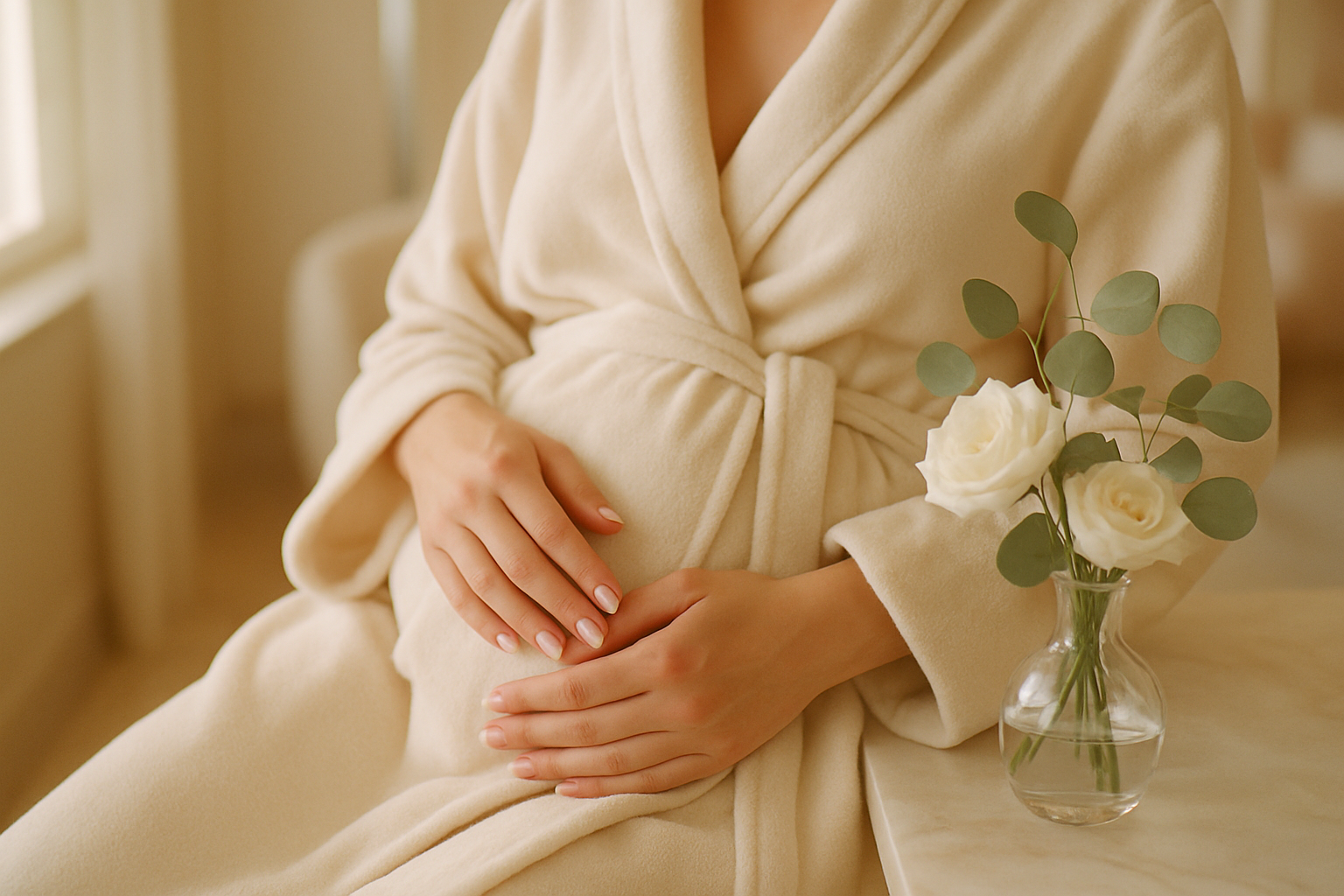 Pregnant woman's manicured hands resting on cream robe in a soft-lit luxury salon