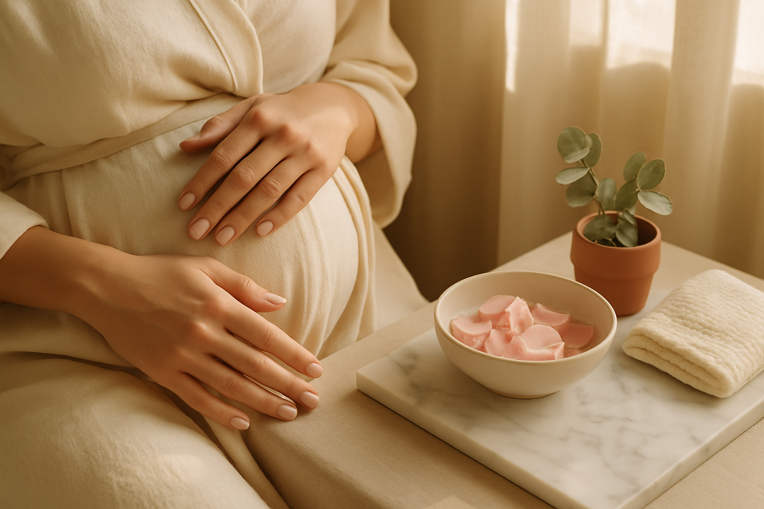 Pregnant woman's manicured hands resting on soft robe beside rose petals and eucalyptus