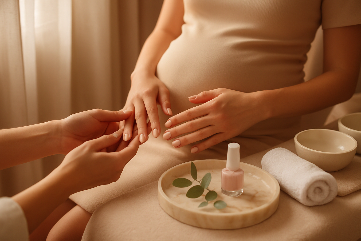Pregnant woman receiving a gentle manicure in a soft, naturally lit luxury salon