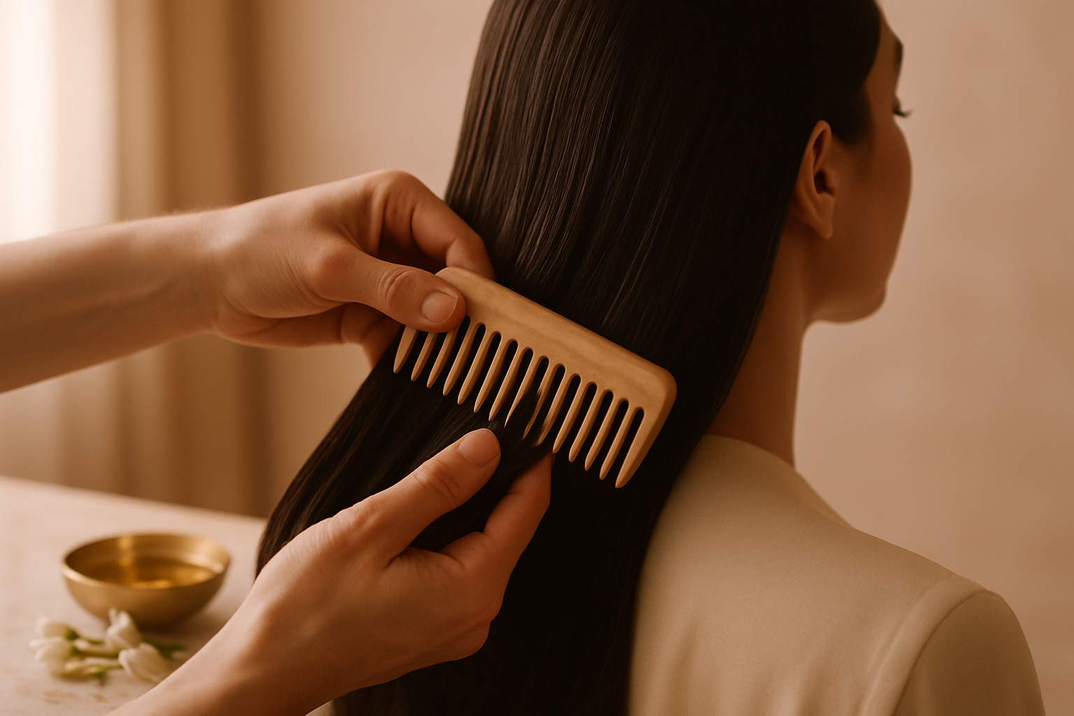 Stylist gently combing long glossy dark hair on a marble vanity with jasmine and oil