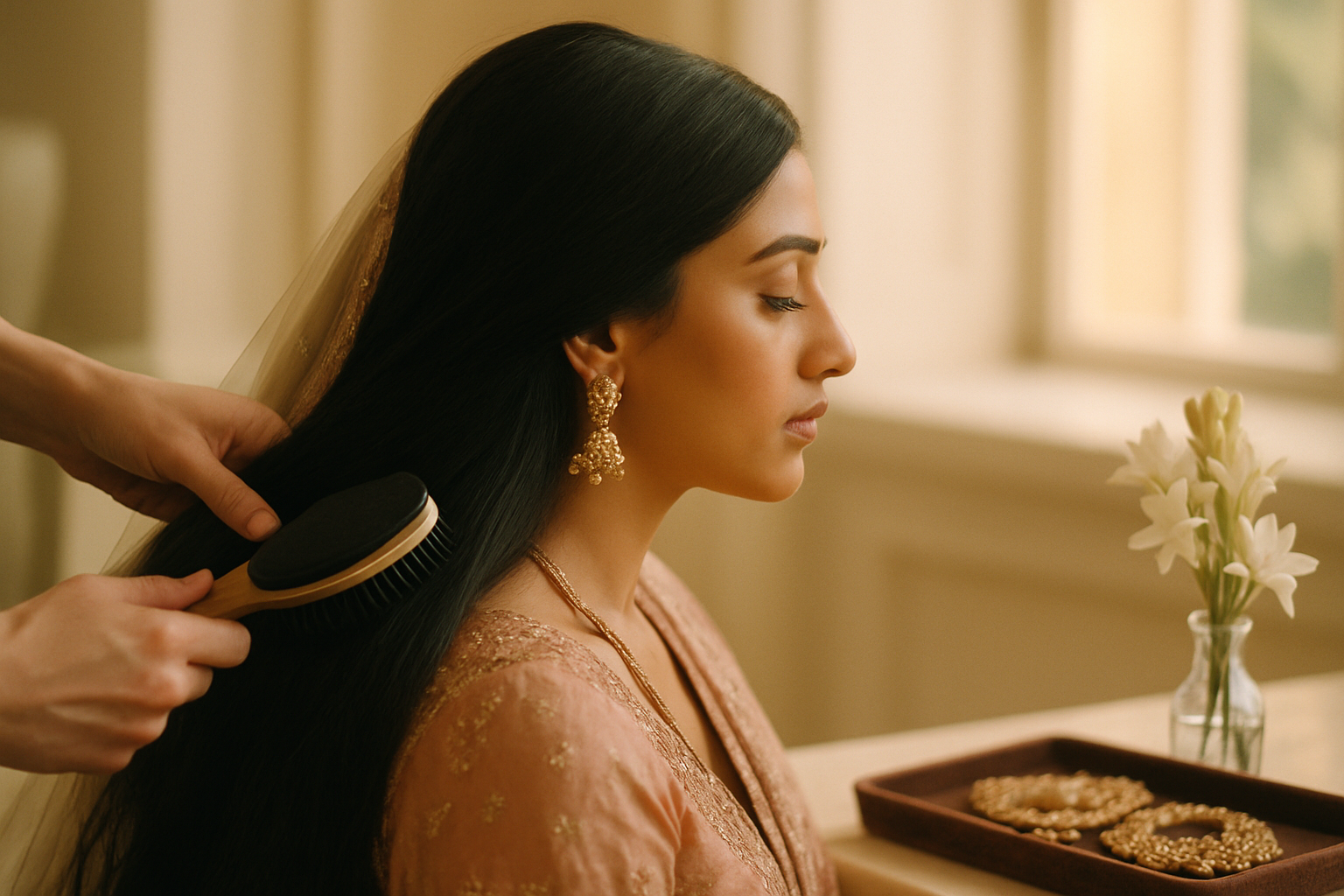 Stylist gently brushing a Lahore bride's long dark hair in a luxury salon setting
