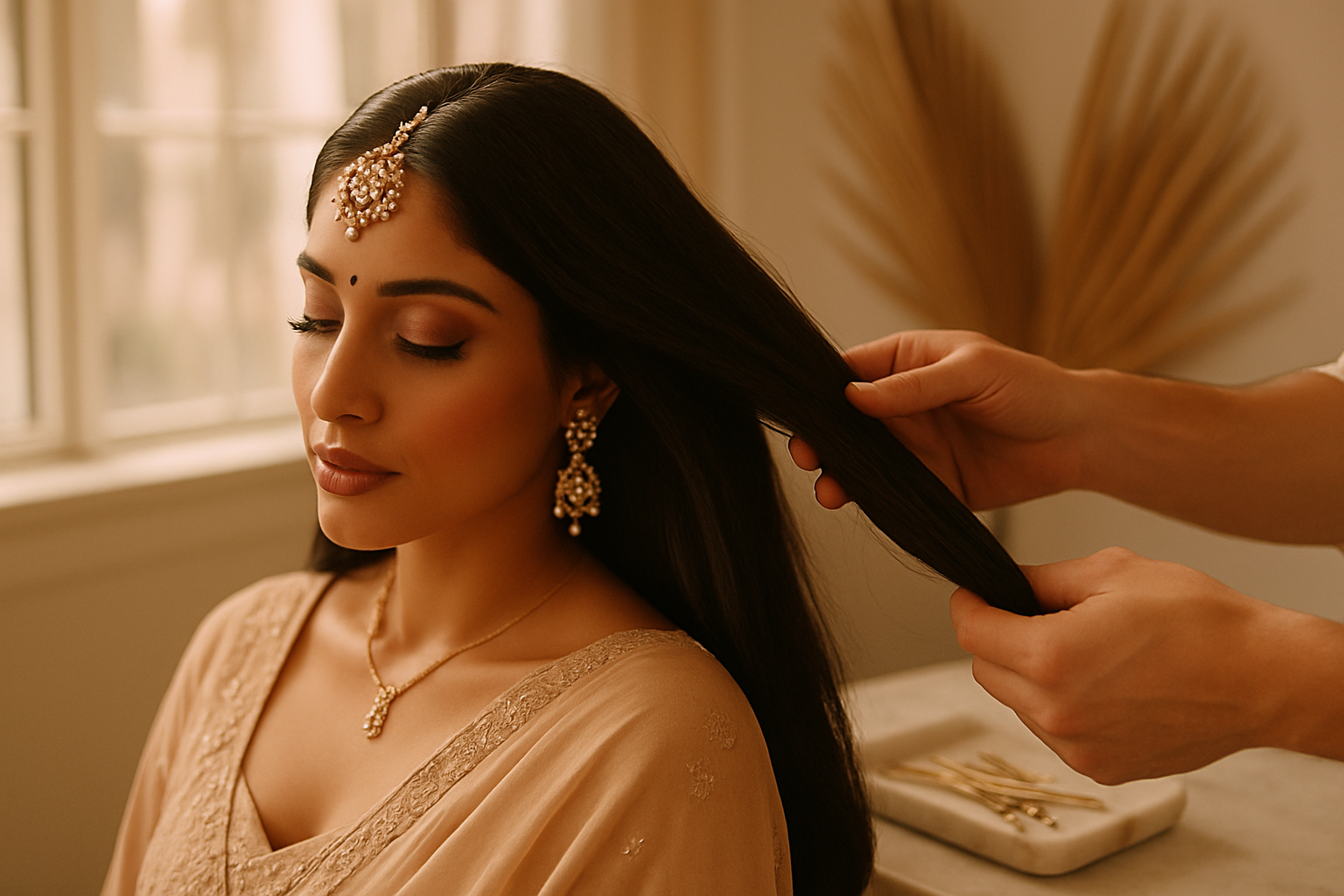 Stylist sectioning glossy dark hair of South Asian bride in warm salon light