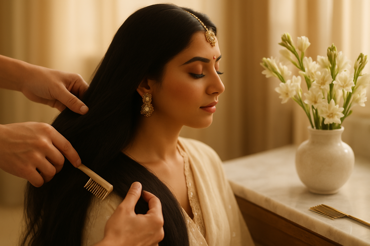 Stylist gently combing a bride-to-be's long dark hair in soft light
