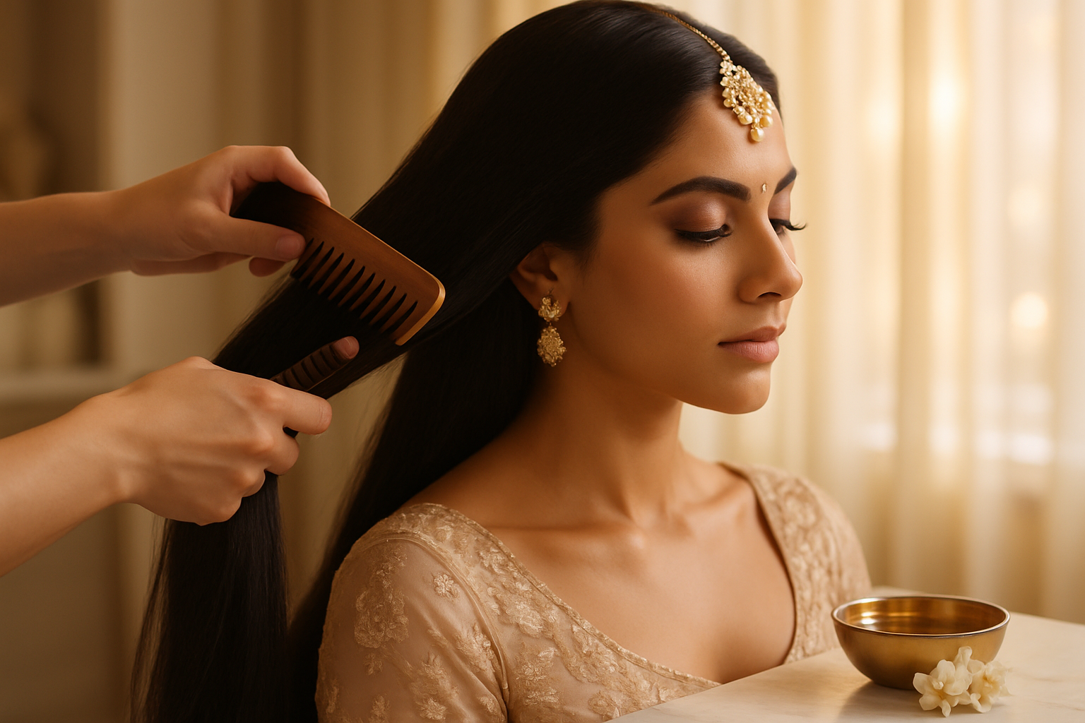 Stylist combing a bride-to-be's long glossy hair in a soft-lit luxury Lahore salon
