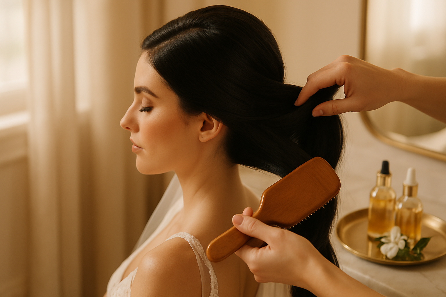 Stylist's hands sectioning a bride's glossy dark hair on a sunlit marble vanity