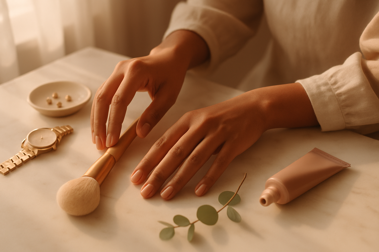 Woman's hand reaching for blush brush on marble vanity with watch and skincare