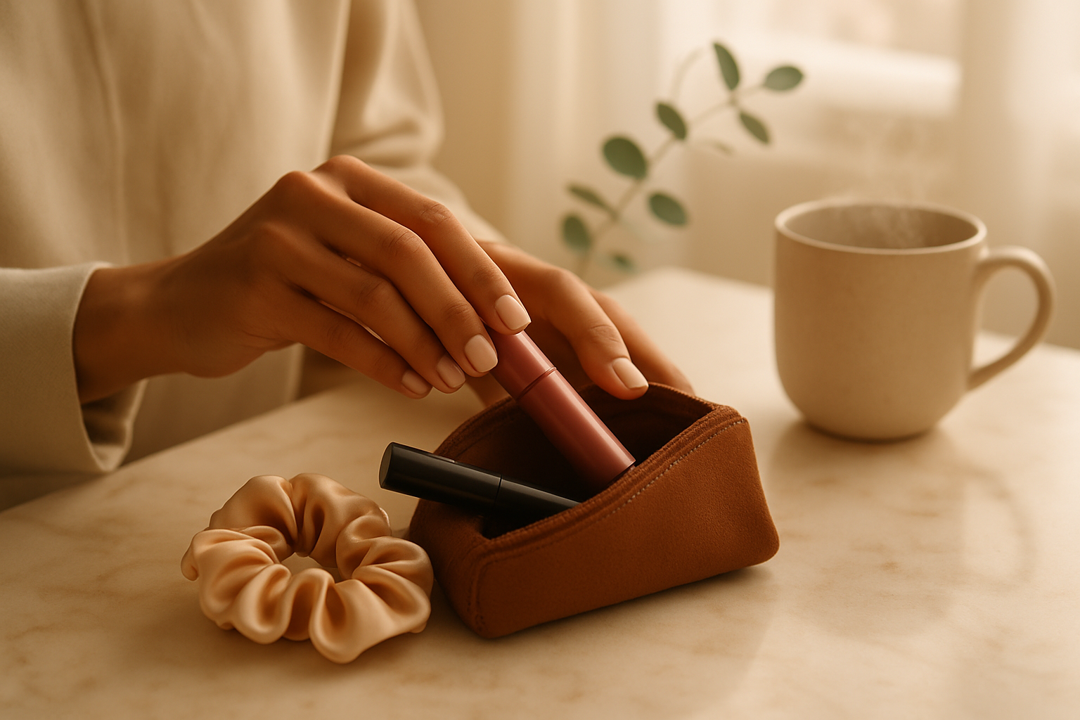 A leather pouch with mascara, lip balm and silk scrunchie on a sunlit marble vanity