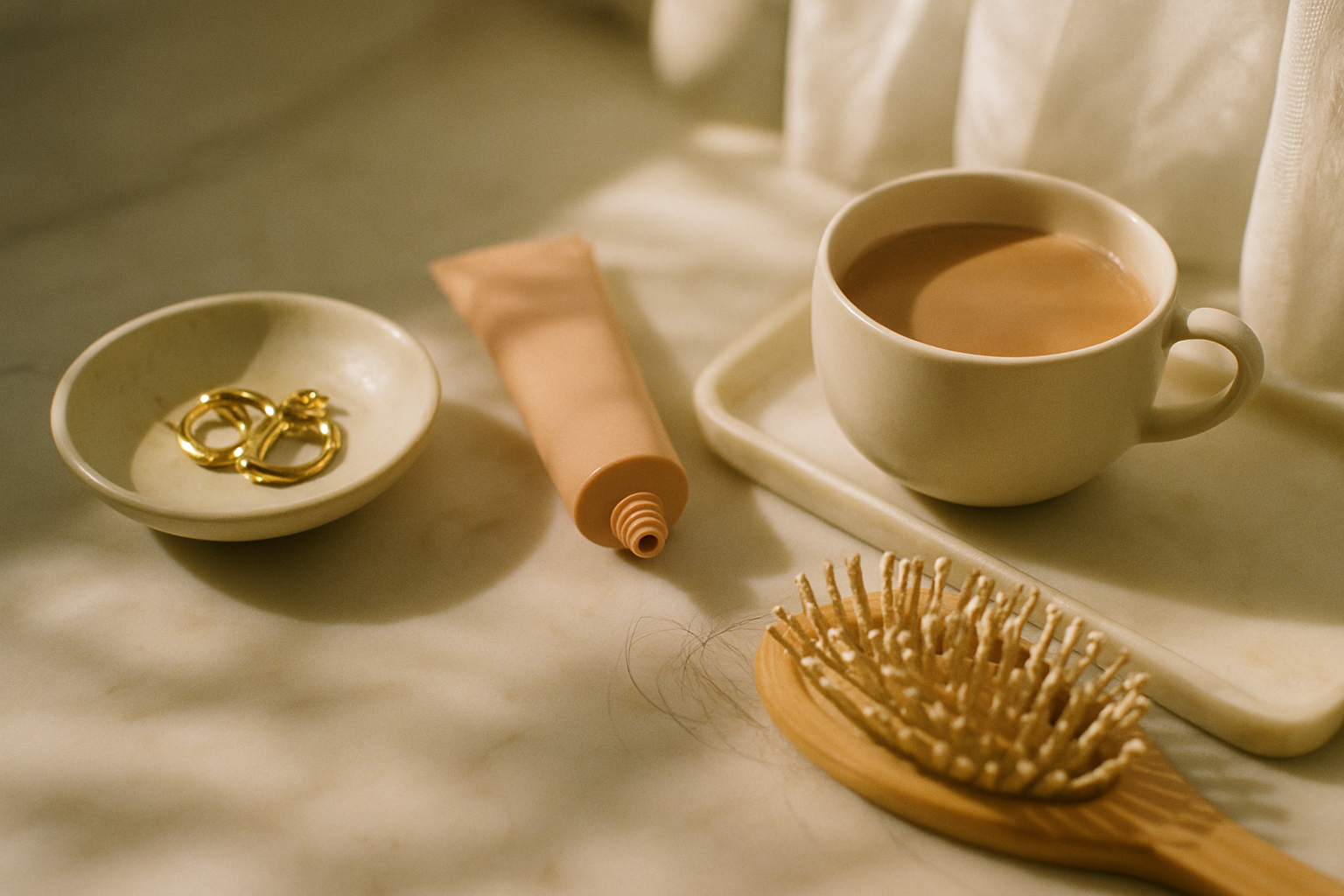 Sunlit vanity with tinted moisturiser, gold earrings, hairbrush and chai on marble tray