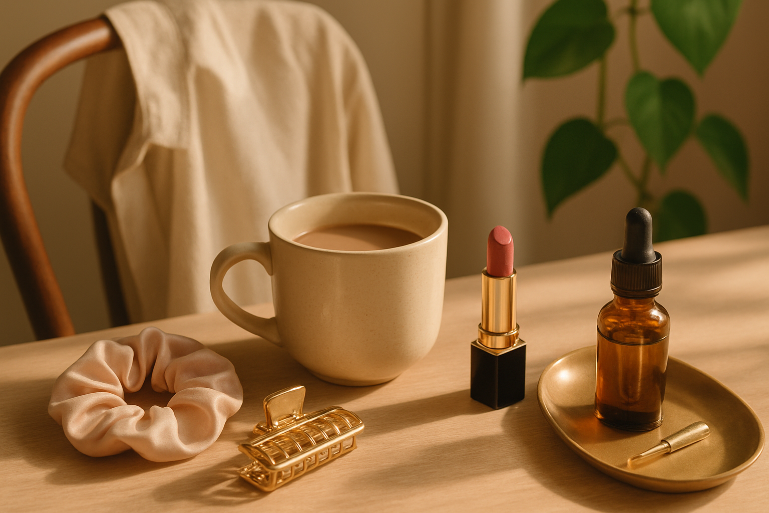 Morning vanity with chai, gold clip, silk scrunchie and face oil in soft warm light