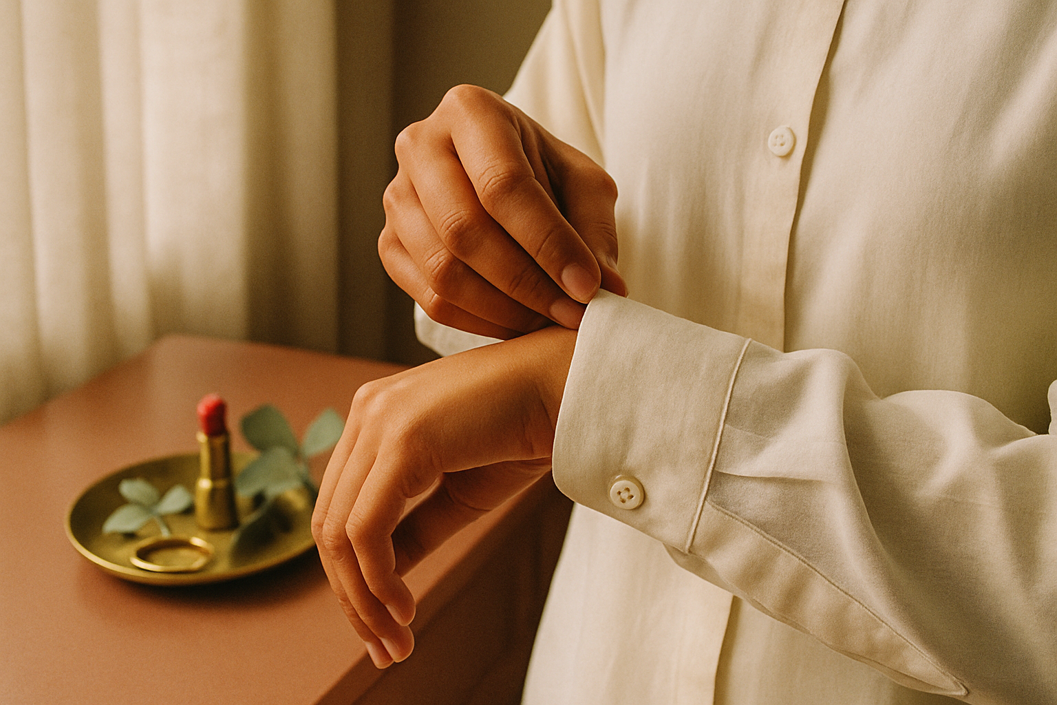 Woman's hands adjusting kurta cuff beside vanity tray with lip balm and gold earring