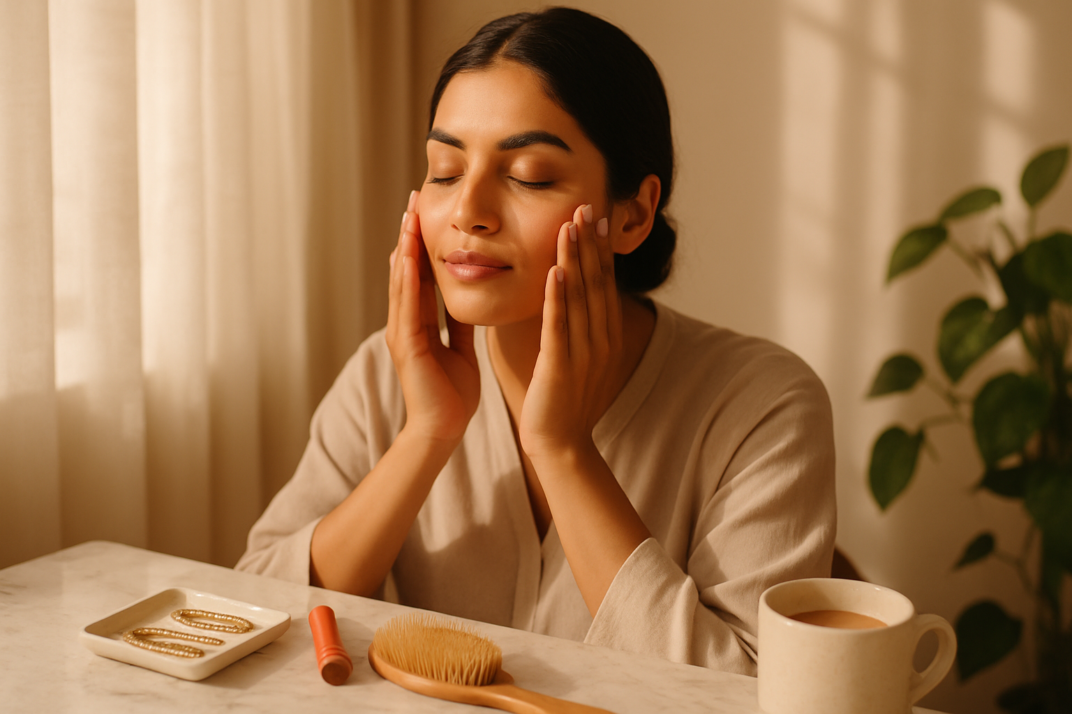 Pakistani woman applying moisturiser at a marble vanity in soft Lahore morning light