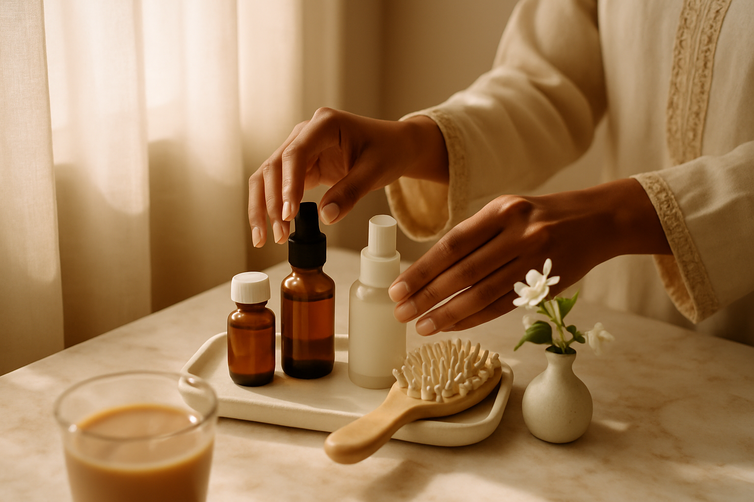 Woman's hands reaching for skincare and brush on marble vanity with morning Lahore light