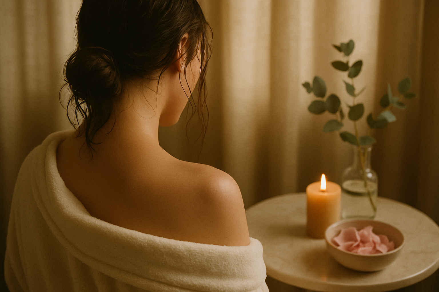 Woman in cream robe relaxing beside candle and eucalyptus during a Sunday salon ritual