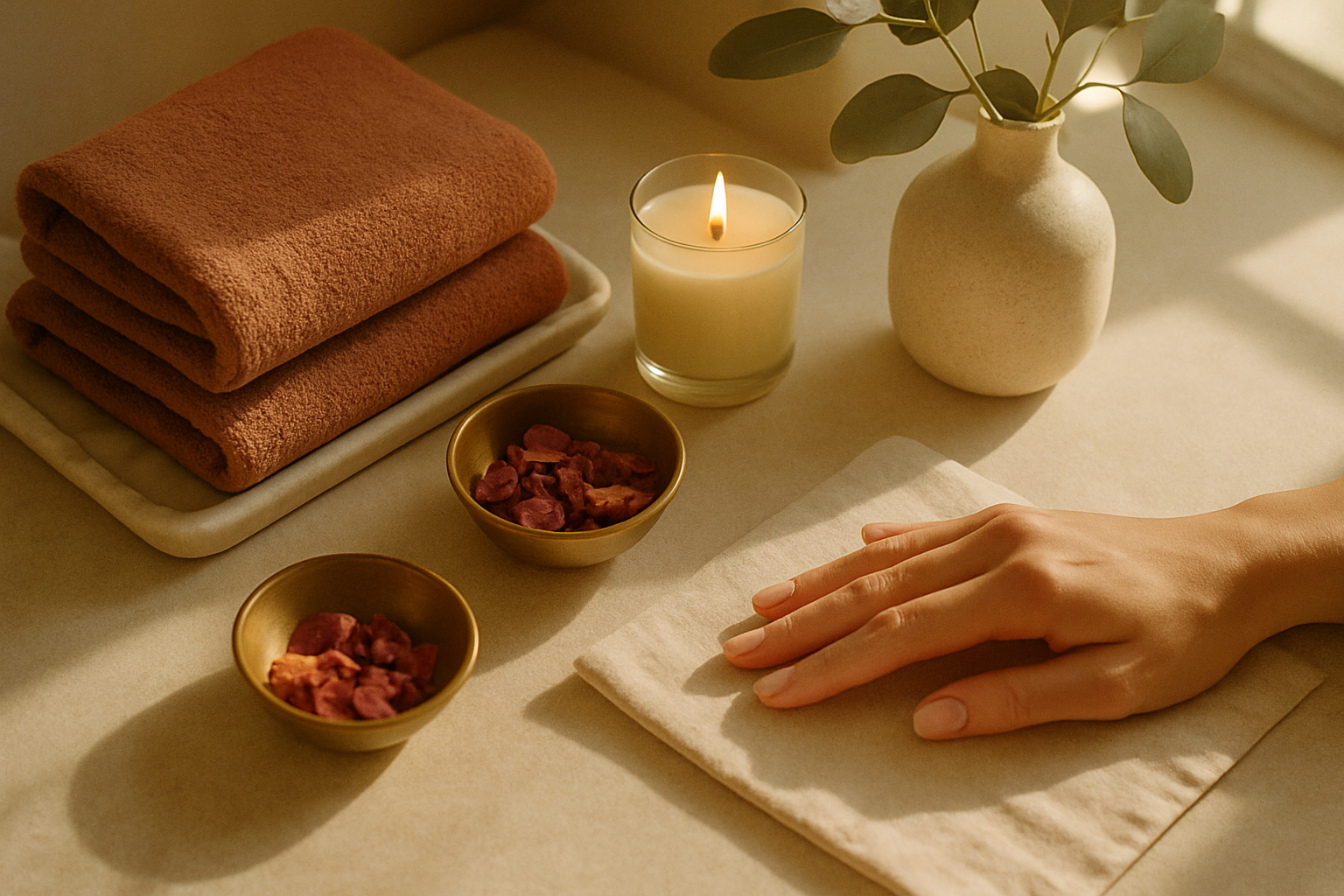 Overhead view of a calm salon table with candles, rose petals and a relaxed hand mid-manicure