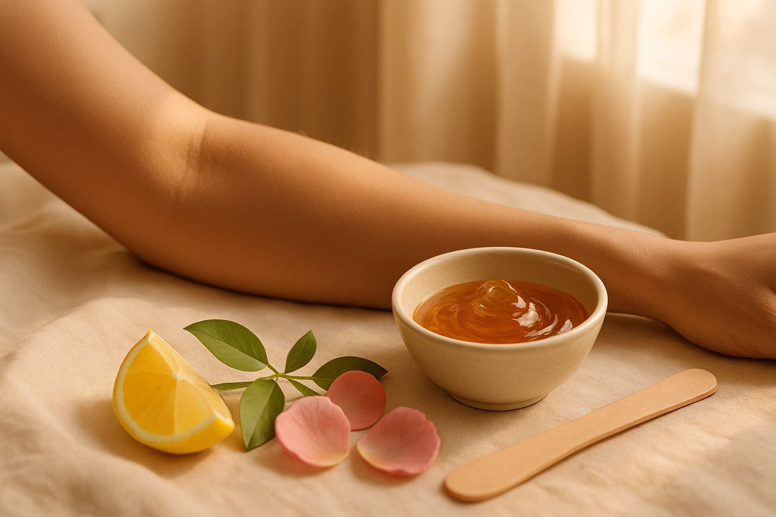 Amber sugar wax paste in ceramic bowl beside wooden spatula and lemon on soft linen