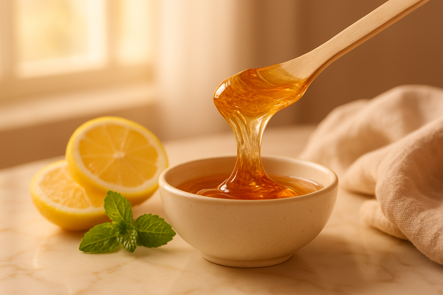 Amber sugar wax paste on wooden spatula beside lemon slices and linen on marble