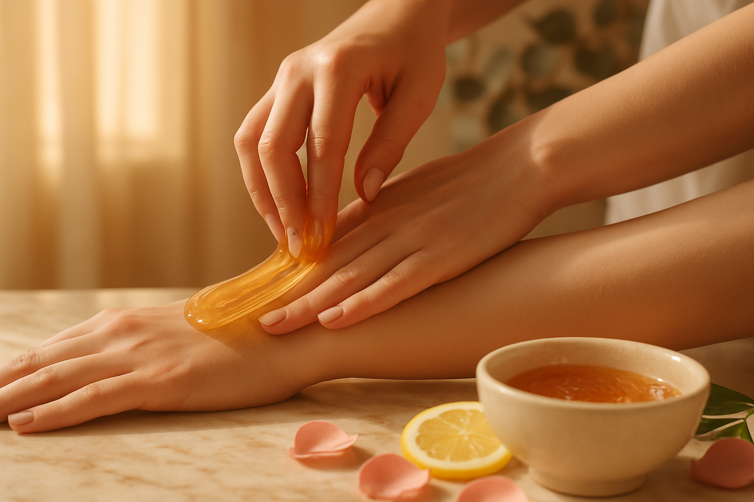 Beautician applying warm amber sugar wax to a client's forearm on a marble salon counter