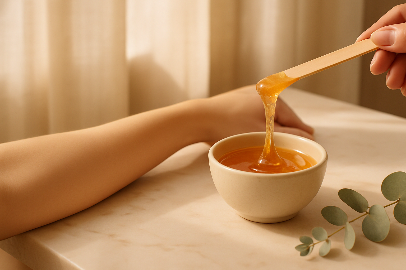 Amber sugar wax in a ceramic bowl beside a smooth forearm on marble