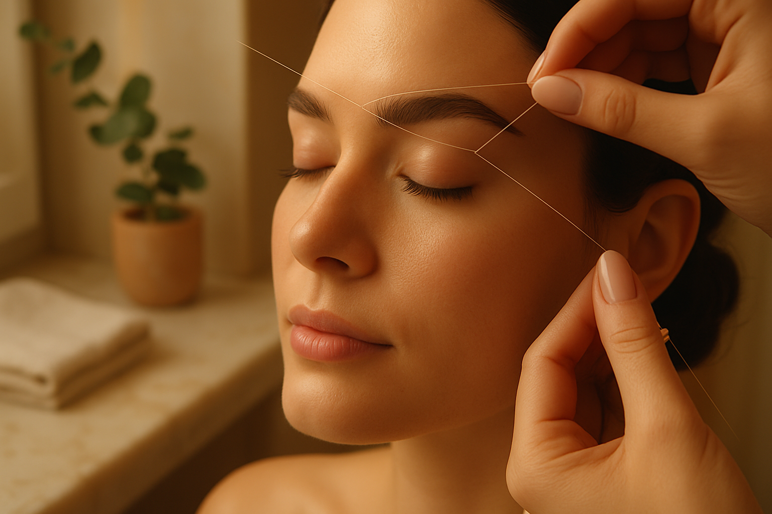 Close-up of a woman being threaded on the brow with cotton thread in soft light