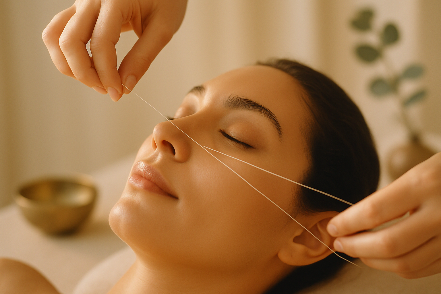 Beautician threading a client's upper lip in soft warm salon light