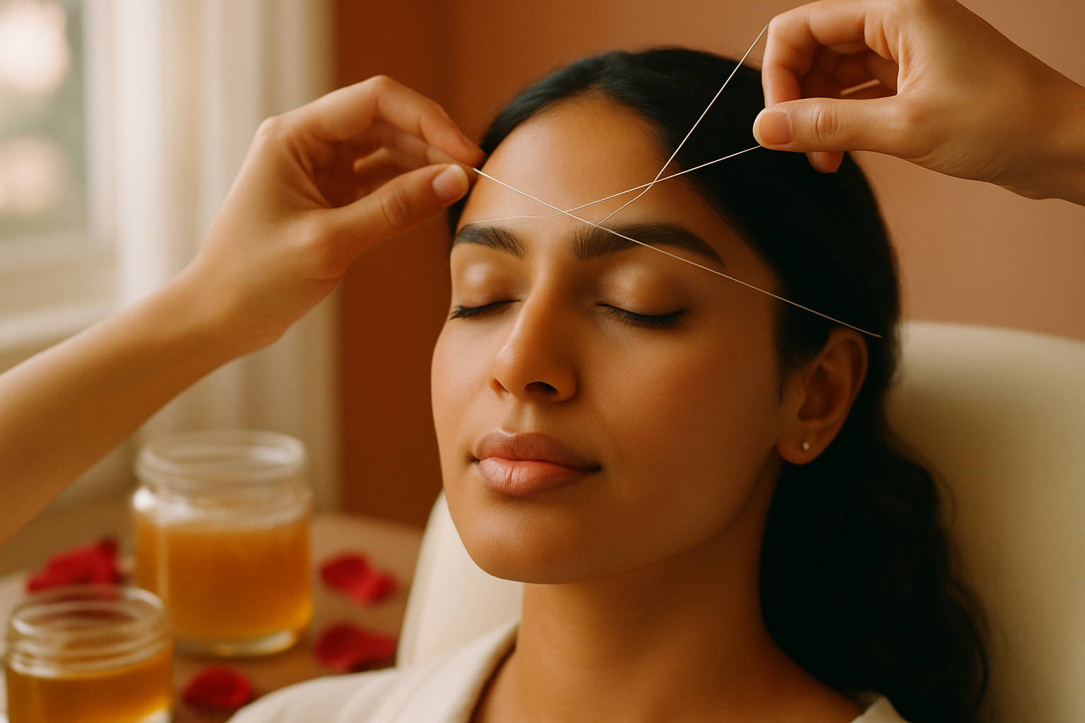 Close-up of a woman having her brows threaded at a soft-lit Lahore salon vanity