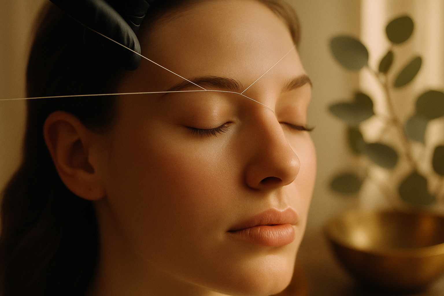 Close-up of threading being performed on a woman's brow in warm salon light